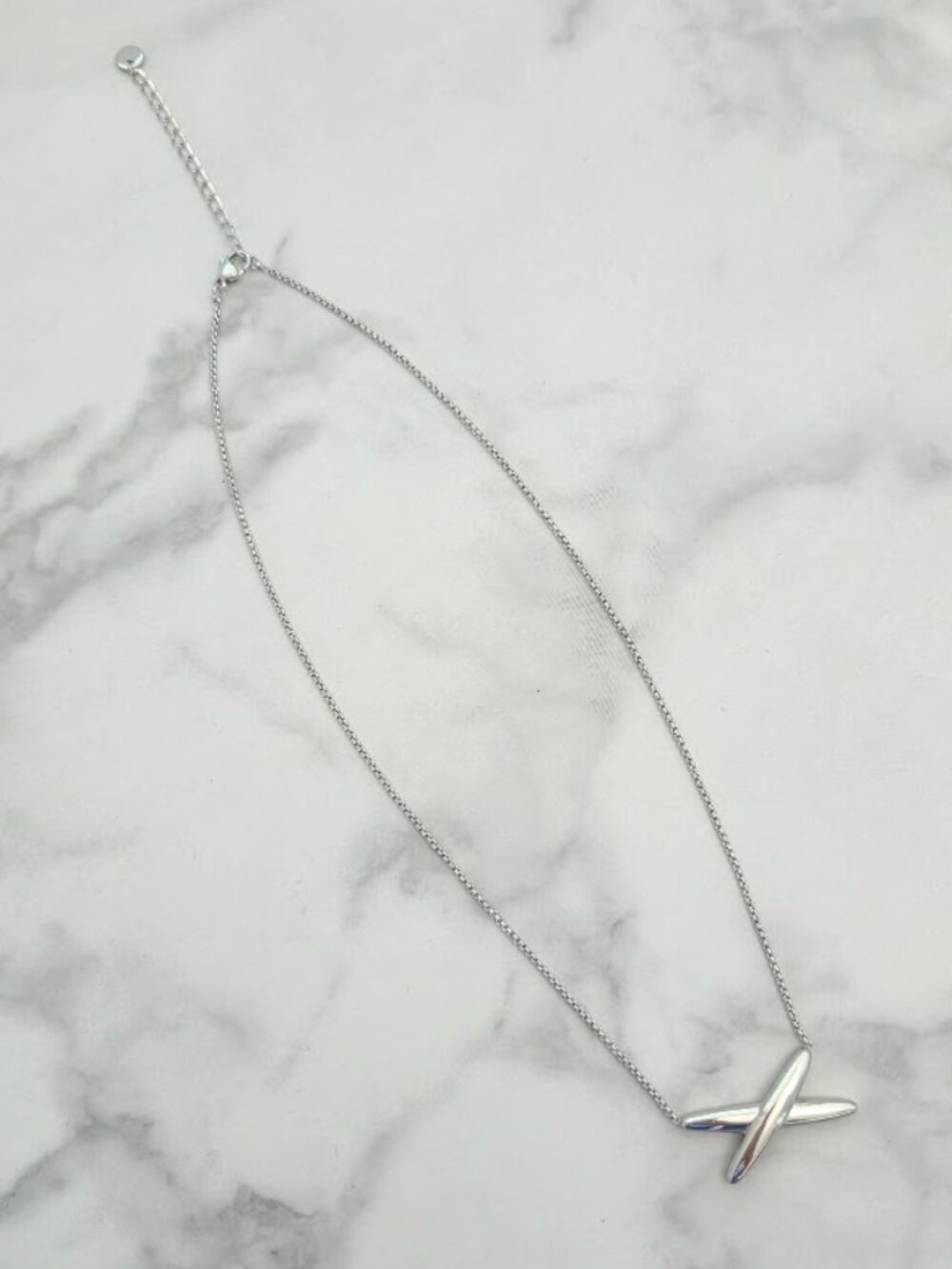 Silver Tone Minimalist Crossed X Pendant Necklace Adjustable - Picture 5 of 16
